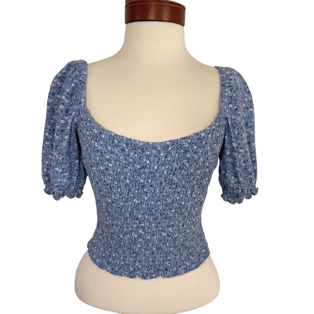 Abercrombie & Fitch Linen Blend Floral Top Blue‎ Puff Sleeve Prairie Cottagecore